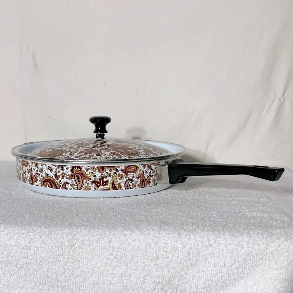 Vintage Enamelware Brown Paisley Frying Pan Skillet With Lid